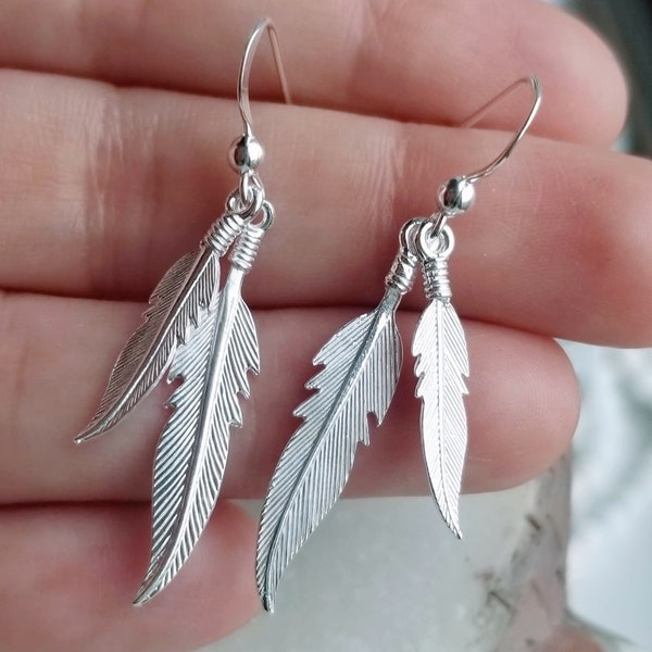 925 Sterling Silver Feather Drop Earrings Delicate Silver Earrings Feather Statement Earrings Bird Lovers Gift Silver Feather