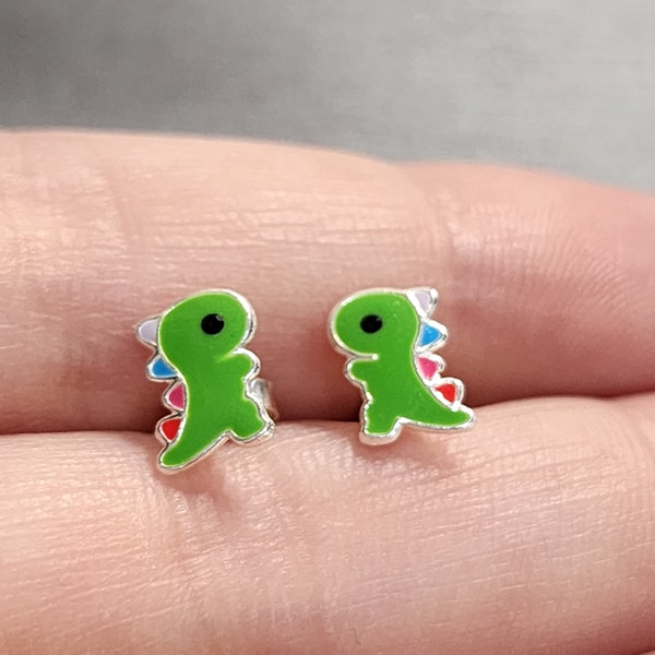 Silver Dinosaur Green Ear Studs 925 Sterling Silver | Tyrannosaurus T-rex Dino Earrings Hipster Jewelry Stud Earring Silver Earrings Nature