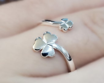 925 Sterling Silver Shamrock Wrap Ring Adjustable Clover Lucky Charm Flower Stud Good Luck Ring Birthday Gift