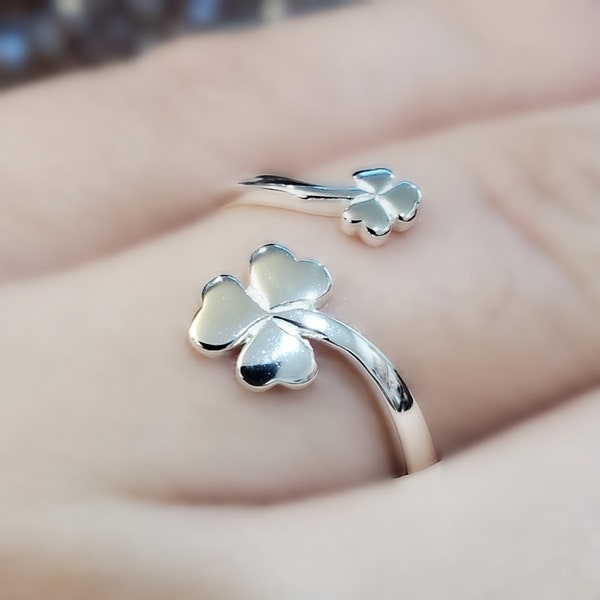 925 Sterling Silver Shamrock Wrap Ring Adjustable Clover Lucky Charm Flower Stud Good Luck Ring Birthday Gift