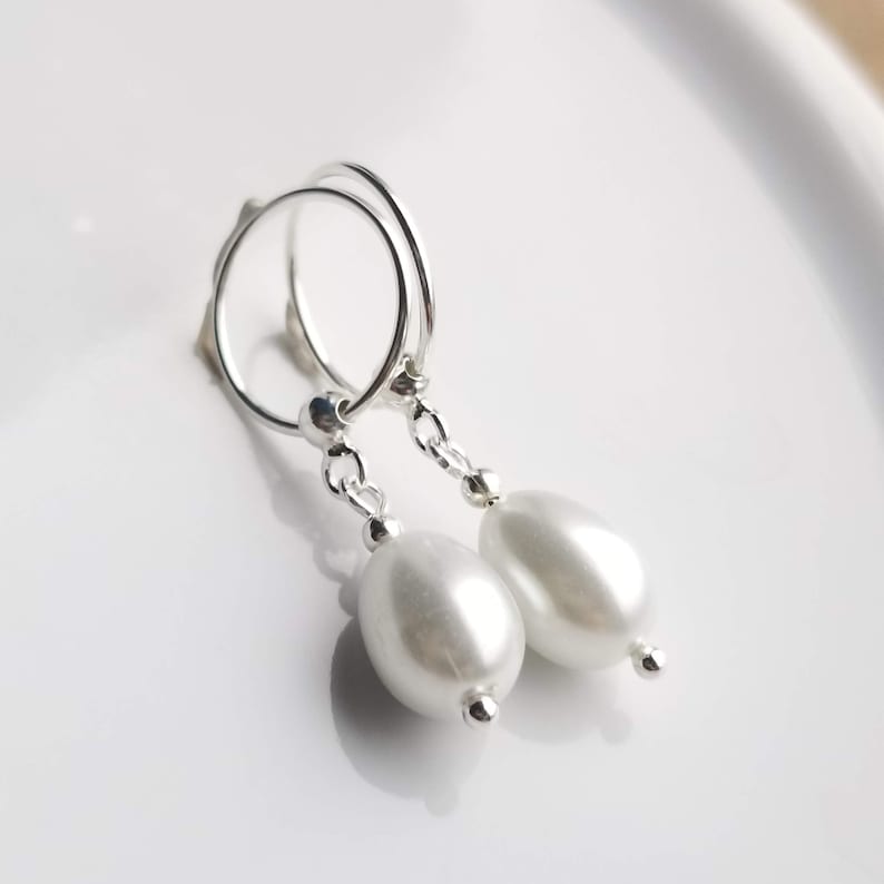 925 Sterling Silver Pearl Hoop Earrings Beaded With Pearl Etsy