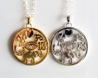 Good Luck Necklace Good Luck Charm Lucky Elephant Necklace Medallion Protection Necklace Evil Eye Lucky 13 Four Leaf Clover Horse Shoe