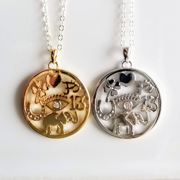 Good Luck Necklace Good Luck Charm Lucky Elephant Necklace Medallion Protection Necklace Evil Eye Lucky 13 Four Leaf Clover Horse Shoe