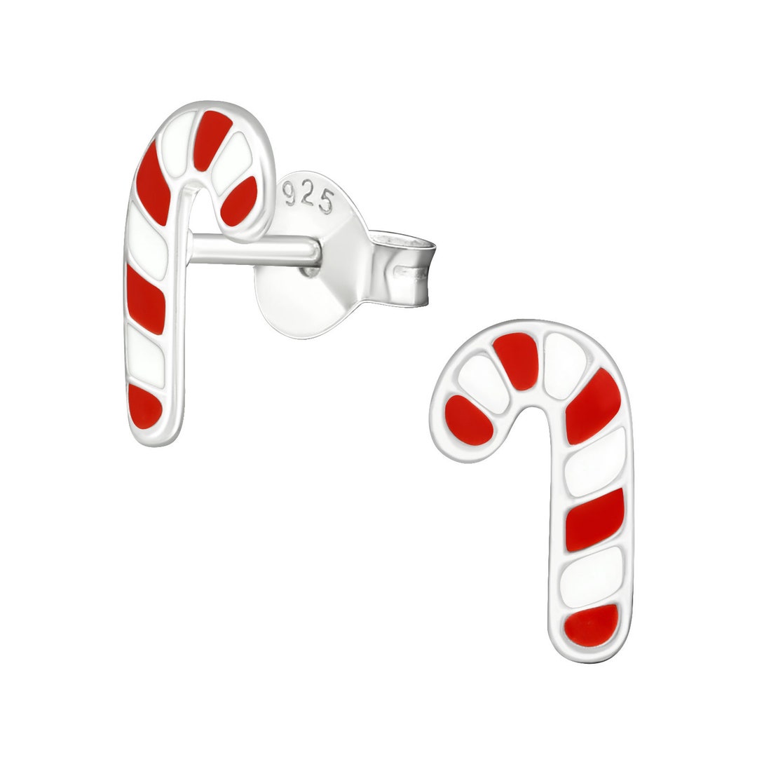 Red Candy Cane Christmas Earrings Studs 925 Sterling Silver Xmas