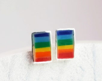 925 Sterling Silver Rectangle Rainbow Stud Earrings | Gay Pride Rainbow | Marriage Equality Rainbow Stud | Rainbow Earrings Rainbow Jewelry