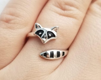 Sterling Silver Raccoon Ring 925 Animal Ring Raccoon Jewelry Cute Raccoon Gift Nature Ring Adjustable Ring Woodland Ring Mother's Day Gift