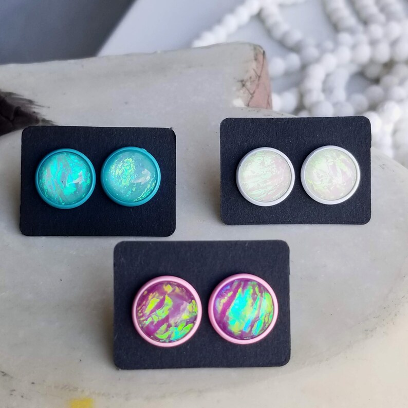12mm Flashy Resin Stud Earrings Post Earring Boho Earring Statement Earrrings White Earrings Blue Earrings Acrylic Stud Earrings Round Studs