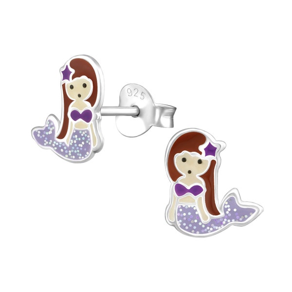 Silver Mermaid Purple Ear Studs Earrings 925 Sterling Silver Earring Stud for Kids Children Girl