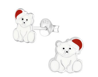 Polar Bear with Hat Christmas Earrings Studs Santa Head 925 Sterling Silver Xmas Jewelry Stud Earring Santa Hat Festive Gift for Her