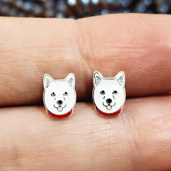 Solid 925 Sterling Silver Husky Dog Enamel Stud Animal Earrings Women Girls