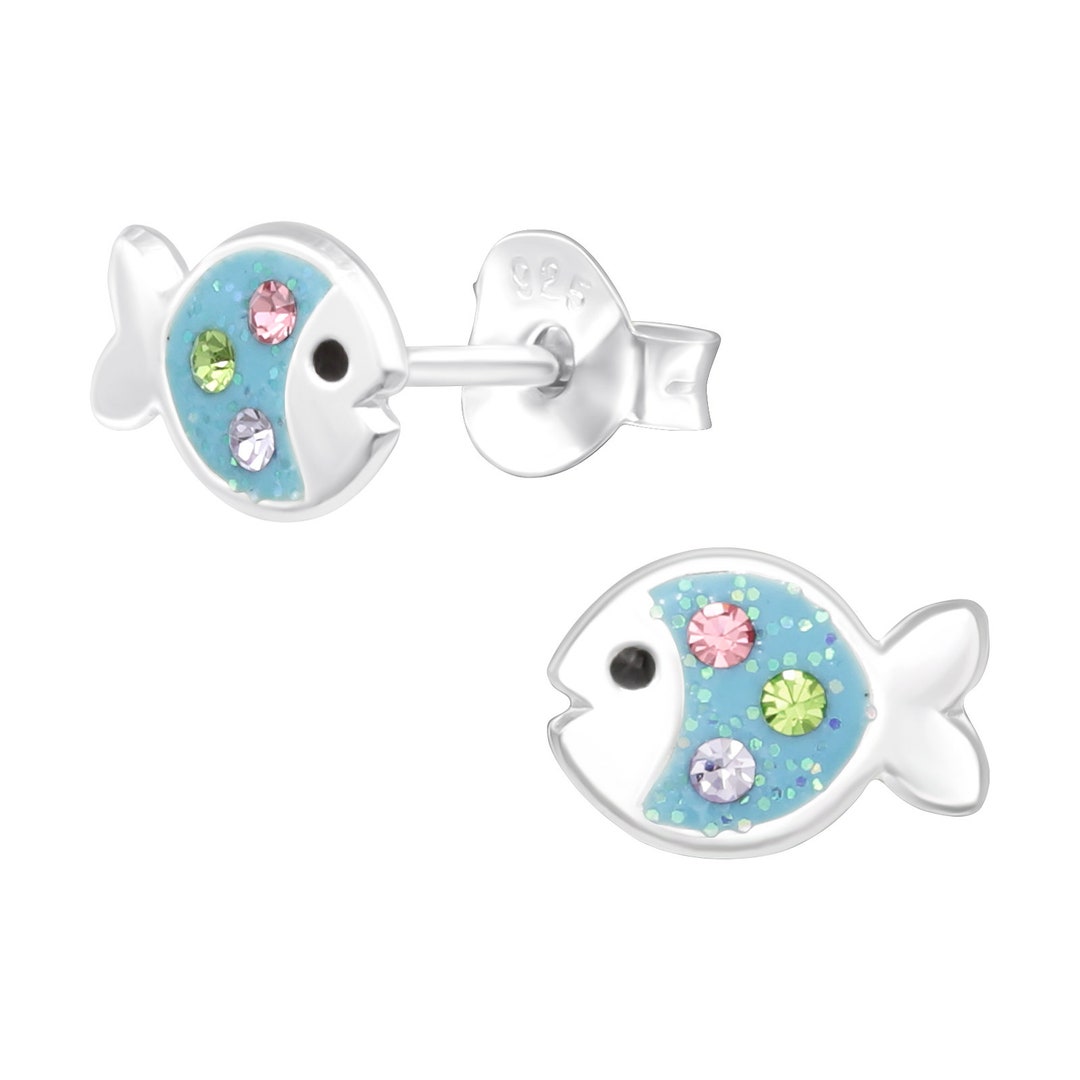 925 Sterling Silver Blue Tiny Fish Stud Earrings Cute Earrings Tiny