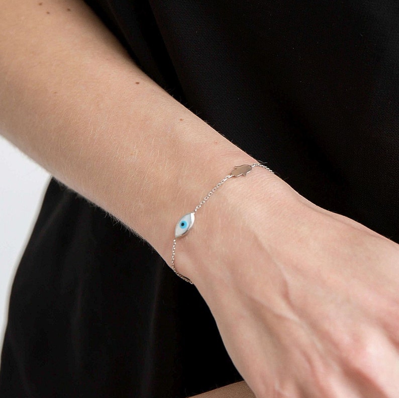 Hamsa Evil Eye Bracelet Evil Eye Jewelry Protection Bracelet Eye Bracelet Blue Evil Eye Evil Eye Charm Dainty Charm Lucky Bracelet Silver