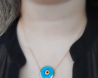 Blue Evil Eye Necklace Silver Gold Evil Eye Jewelry Big Pendant Protection Necklace Blue Evil Eye Necklace Layering Evil Eye Charm 925