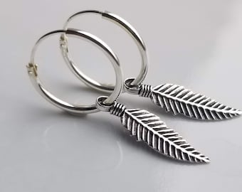 Feather Hoop Earrings 925 Sterling Silver Feather Charms Sterling Silver Drop Boho Earrings Boho Jewelry Feather Earrings Silver Hoops Leaf