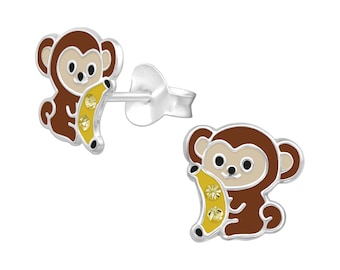 Silver Monkey Ear Studs Earrings 925 Sterling Silver | Monkey Earrings Jewelry Stud Earring Silver Earrings Nature Jungle Cute