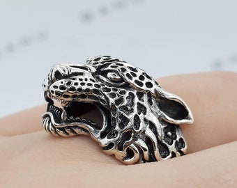 925 Sterling Silver Leopard Ring Rings For Him Man Cat Earrings Cat Jewelry Silver Statement Ring Large Ring Cat Lover Gift Cat Gift Kitty