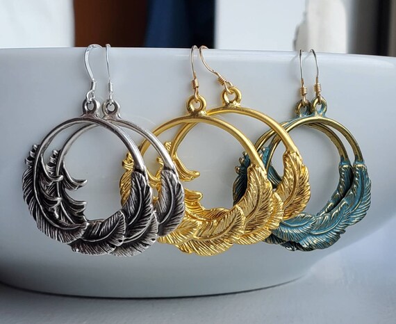Feather Hoop Earrings Sterling Silver Hoops Earrings Feather