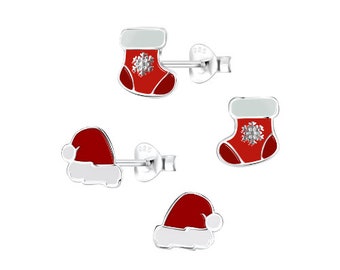 Red Santa Hat Boot Christmas Earrings Studs 925 Sterling Silver Xmas Jewelry Stud Earring Santas Hat Festive Earrings Gift for Her