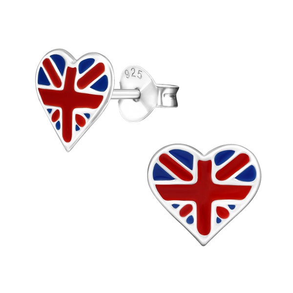925 Sterling Silver England UK Flag Heart Shape Print Stud Earrings Earrings Post Earring Statement Tiny Earrings Girls Lightweight