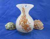 Mdina glass posy vase with flared rim. Maltese glass vase in white and amber Autumn leaves pattern. Signed Mdina glass