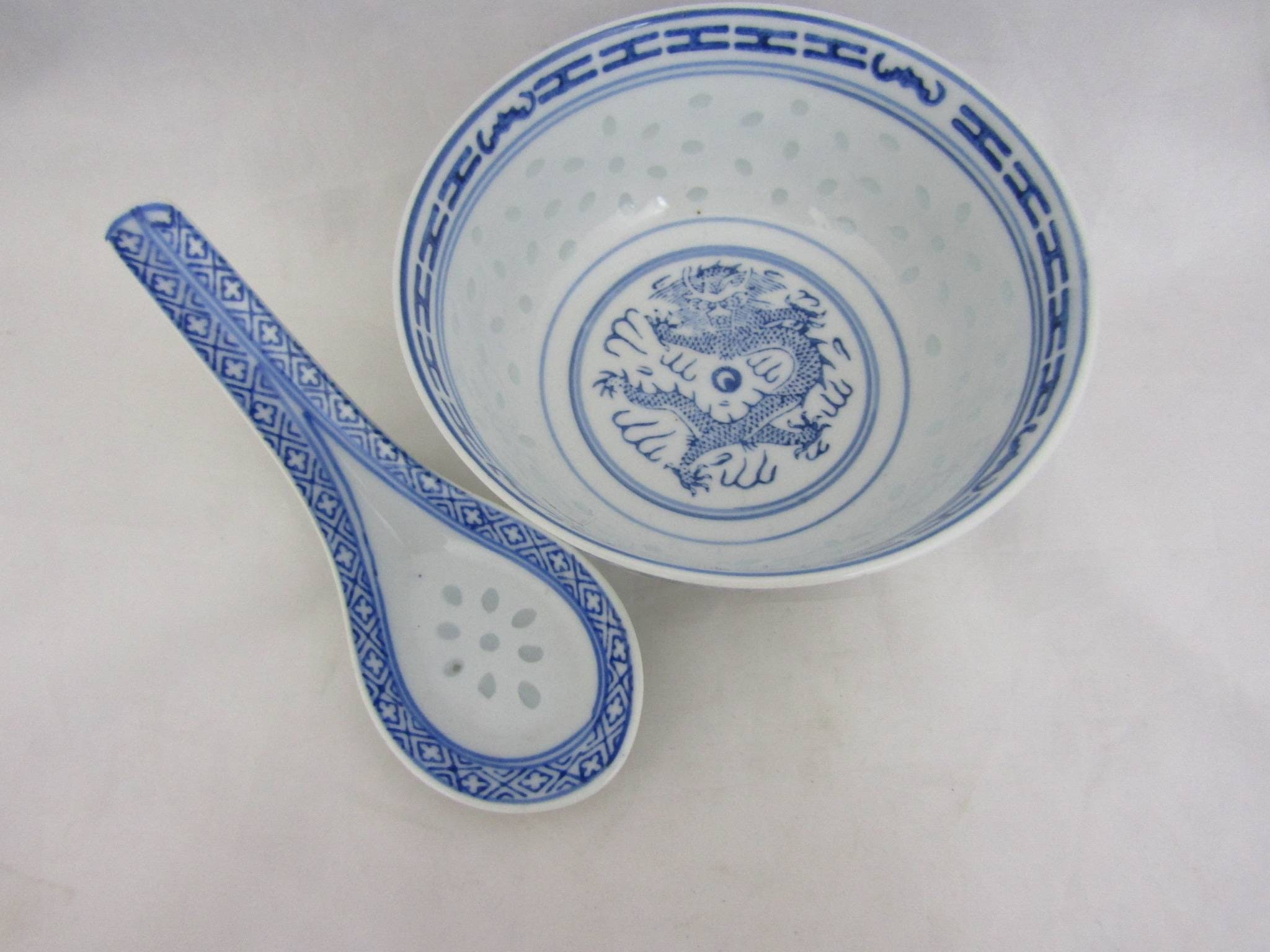 Chinese Rice Grain Porcelain Bowl and Spoon. Jingdezhen Blue Etsy