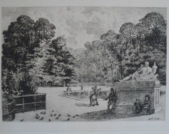 Fine Art Etching - Jardin des Tuileries by French artist Alfred Taiee - 1875 on hand-laid paper uncut, original and rare.