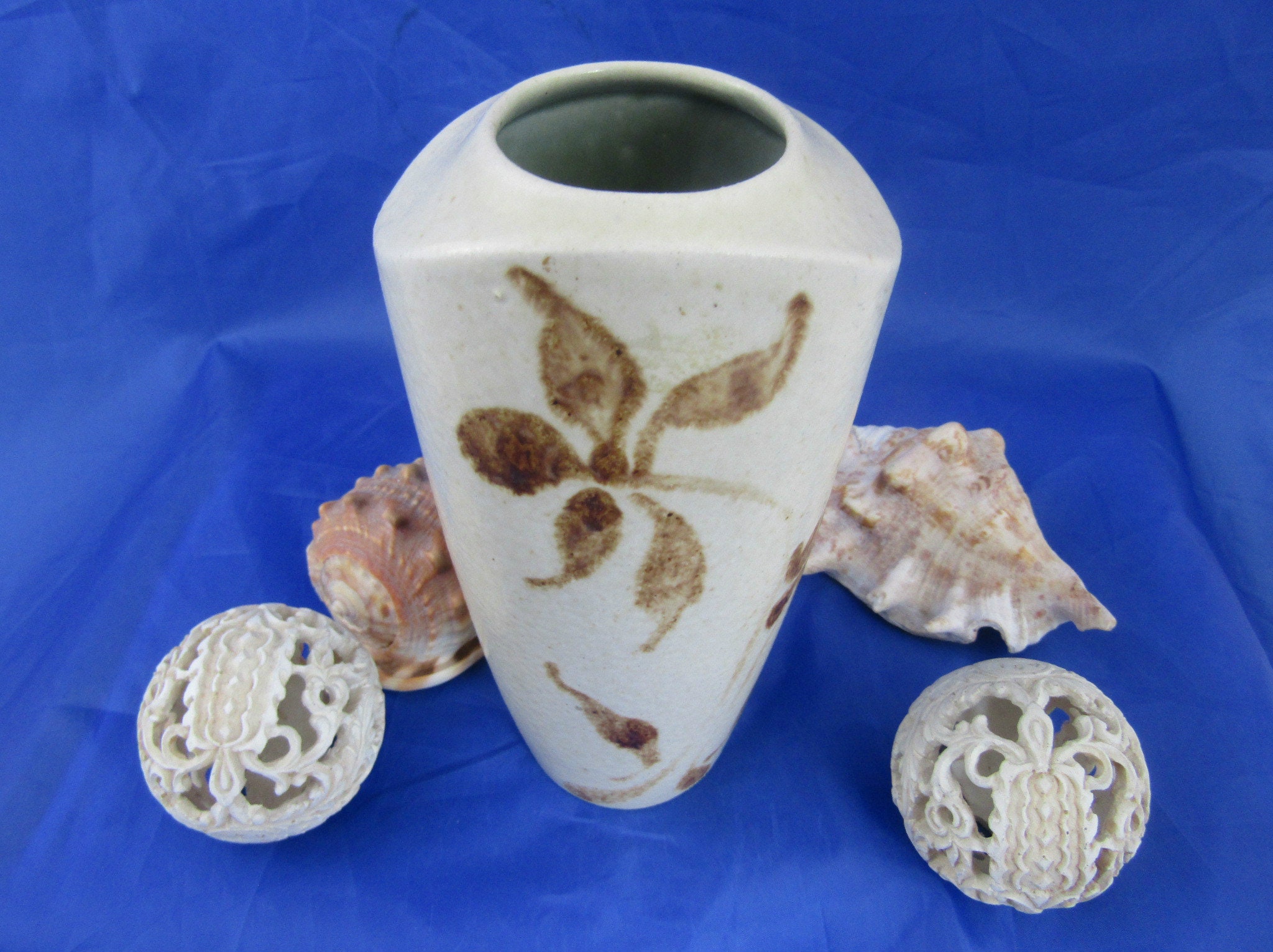 Studio Pottery Vase. Cream Vase With Hand Painted Floral Etsy UK