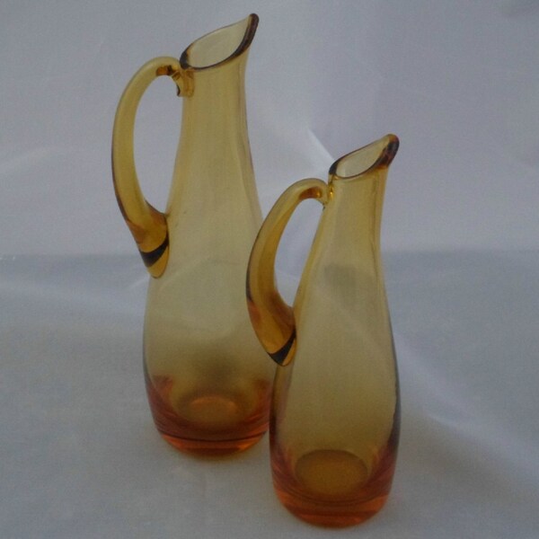 Pair of small Amber Glass Jugs - Krosnow glass  Amber Jugs - Ideal for condiments - oil and vinegar jugs. Vintage home decor
