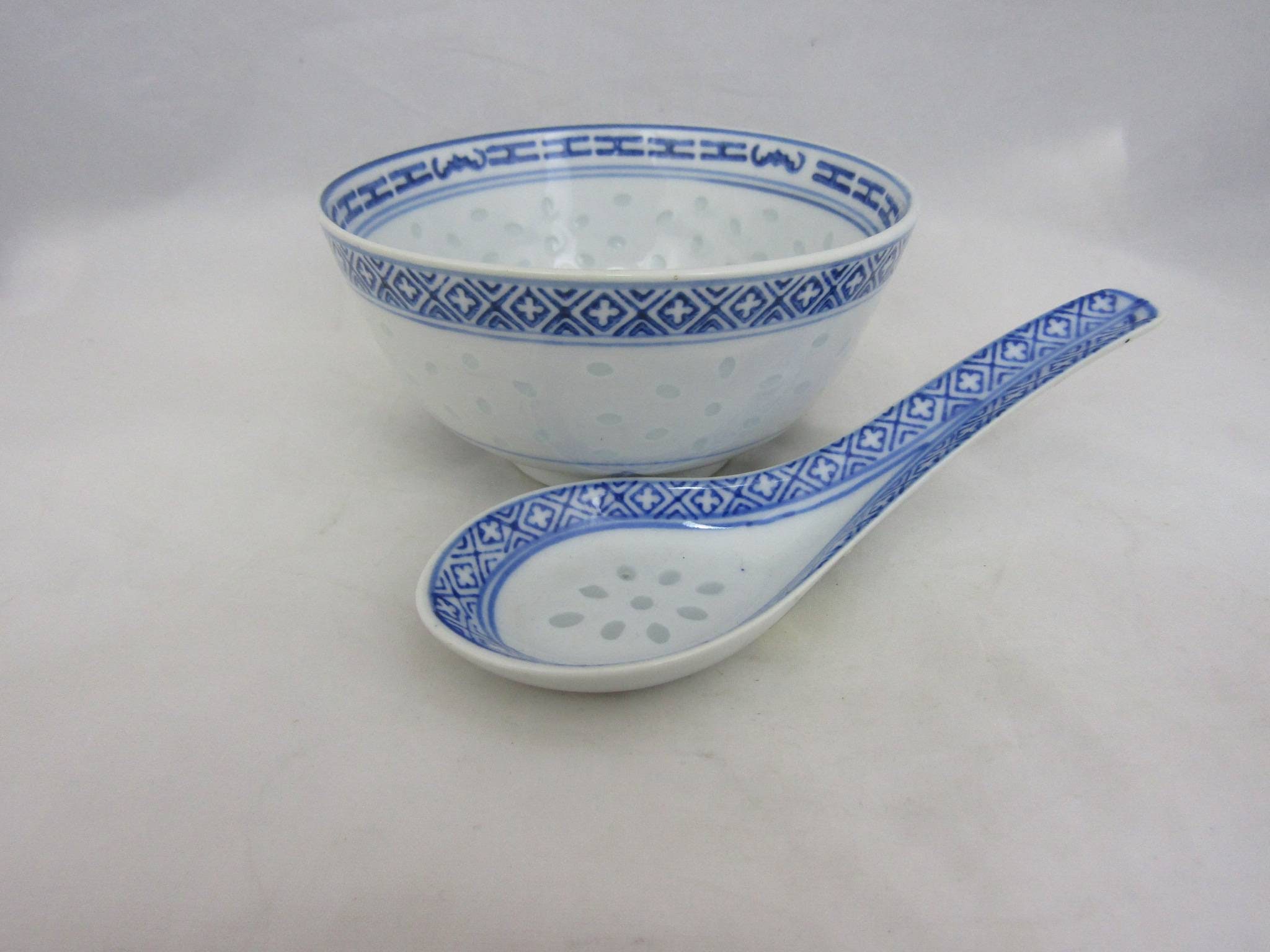 Chinese Rice Grain Porcelain Bowl and Spoon. Jingdezhen Blue Etsy