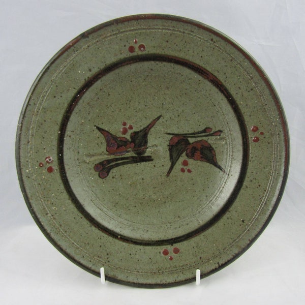 David Frith Studio pottery plate Green glaze with hand-brushed  decor