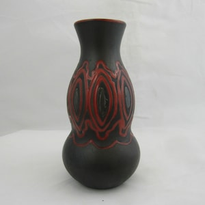 Modernist vase Double gourd vase in graphite with high gloss red abstract design and red interior