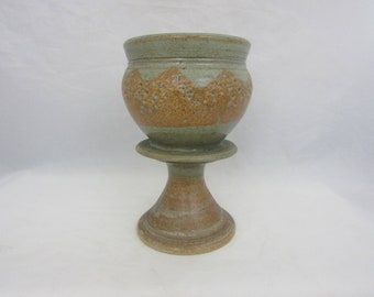 Studio pottery goblet in green and brown by Elsa Benattar