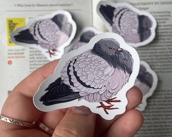 Op de afbeelding: Een sticker met een cartoonduif met een lichtpaarse en grijze body, zwarte vleugels en rode poten. De duif kijkt naar rechts en heeft een licht opgeblazen borst.