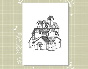 House village illustration art print postcard [ small, minimal, cottagecore, whimsical, village ]