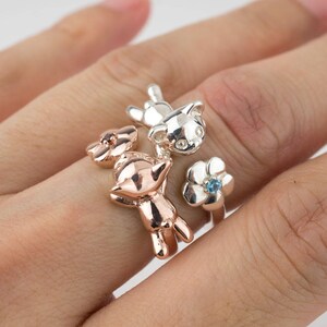 ROSEGOLD PLATED RINGS Silver rings Teddy bear Flower Twin rings Garnet Promise rings Sweet 16 Gift for her Worldwide Free shipping Gift wrap image 5