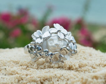 SILVER FLOWER RINGS Animal ring Puppy ring  Memorial ring Statement ring Sterling silver ring Floral ring Gift for girl Gift wrap Dome ring