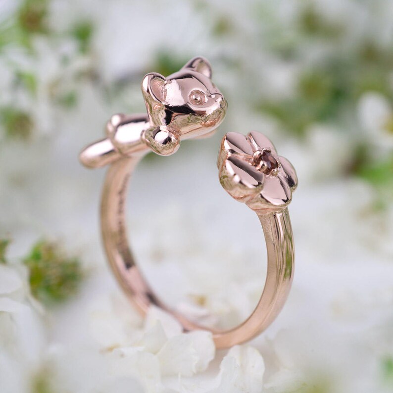 ROSEGOLD PLATED RINGS Silver rings Teddy bear Flower Twin rings Garnet Promise rings Sweet 16 Gift for her Worldwide Free shipping Gift wrap image 1