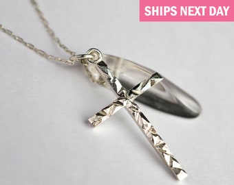 SILVER CROSS NECKLACES Crystal necklaces Cross pendant Hammered texture Geometric Cross Raw  Stone pendant Ships next day Gift wrap