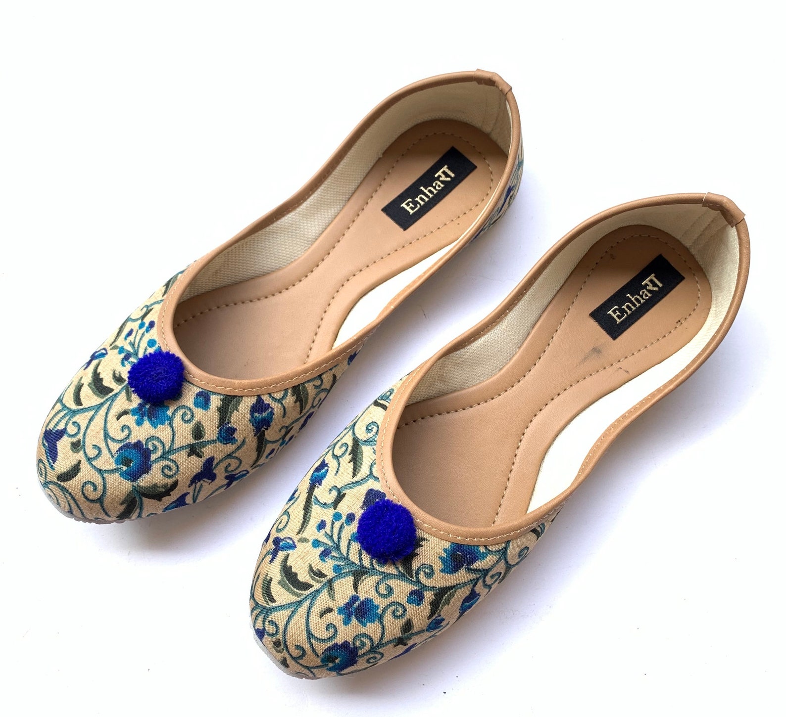 blue floral ballet flat shoes for women, slip on shoes, indian shoes, handmade designer shoes
