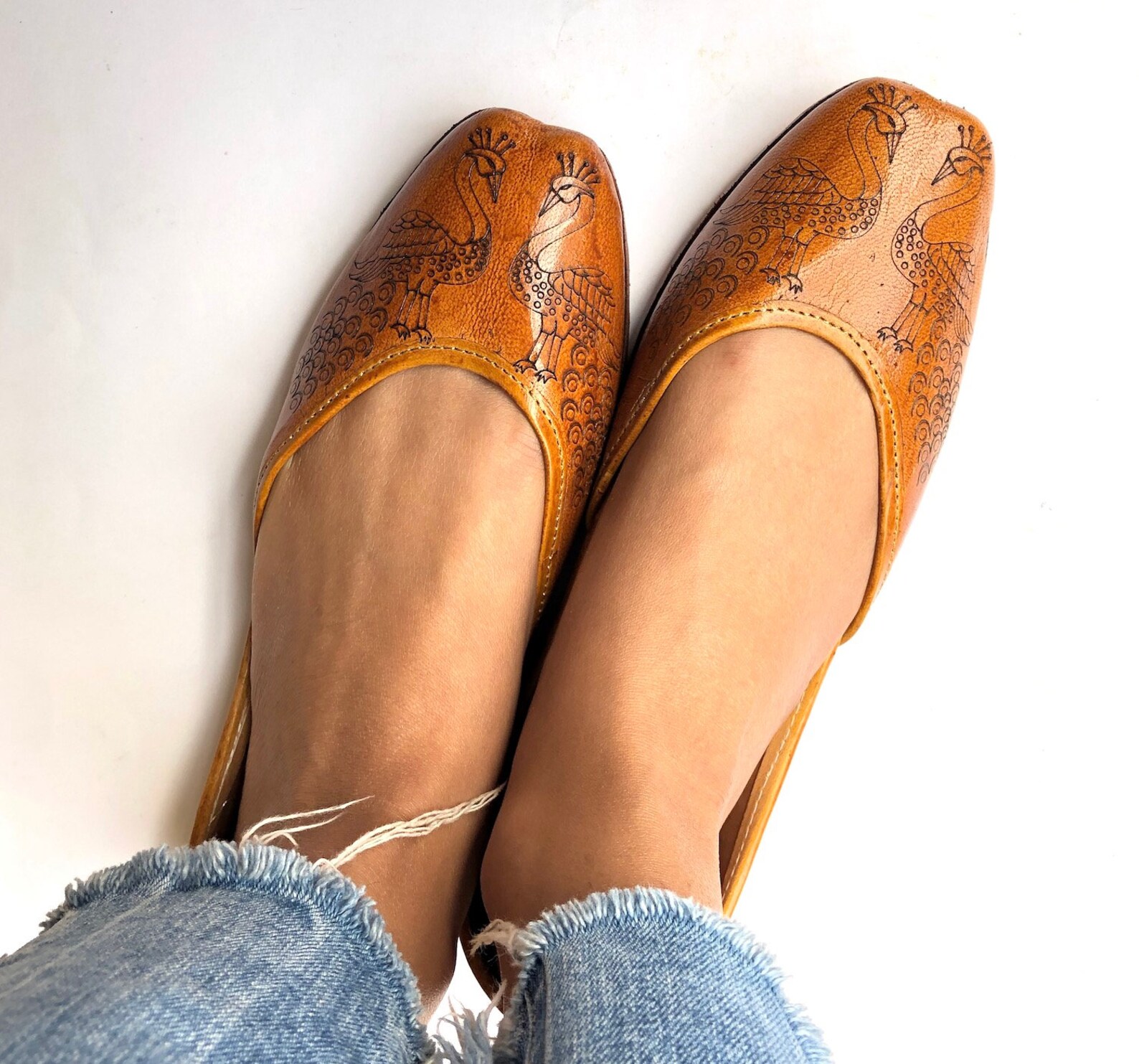one of a kind peacock engraved womens tan brown leather ballet flat shoes, indian shoes, handmade designer shoes/juttis or mojar