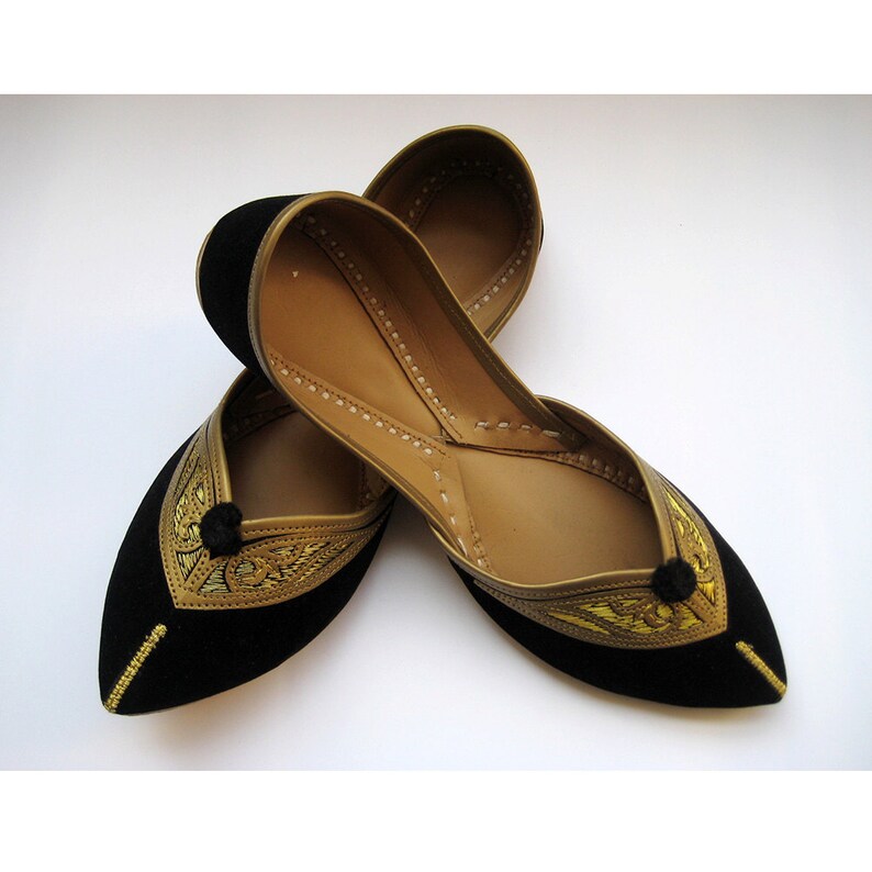Black FlatsEthnic ShoesVelvet ShoesGold ShoesHandmade Indian Designer Women Shoes or SlippersMaharaja Style Women Jooties