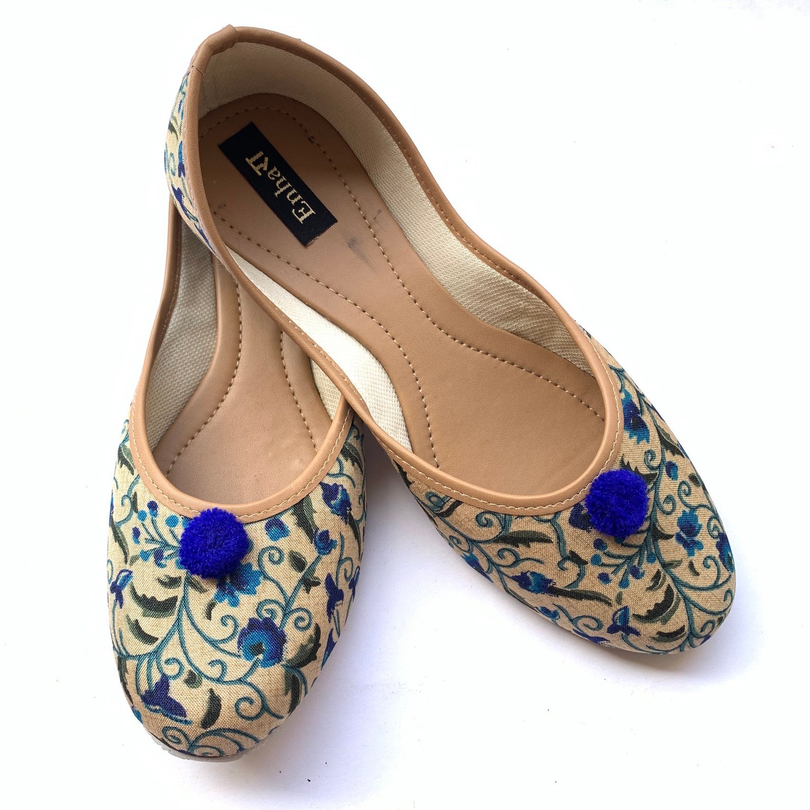 blue floral ballet flat shoes for women, slip on shoes, indian shoes, handmade designer shoes