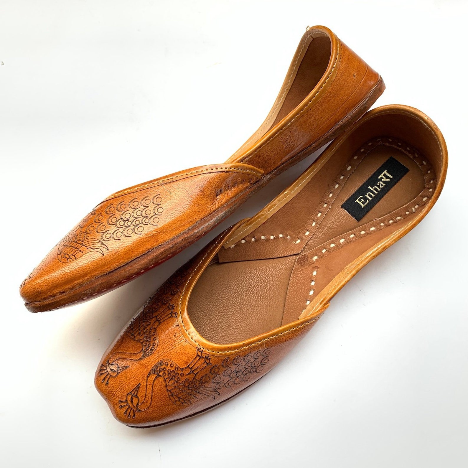 one of a kind peacock engraved womens tan brown leather ballet flat shoes, indian shoes, handmade designer shoes/juttis or mojar
