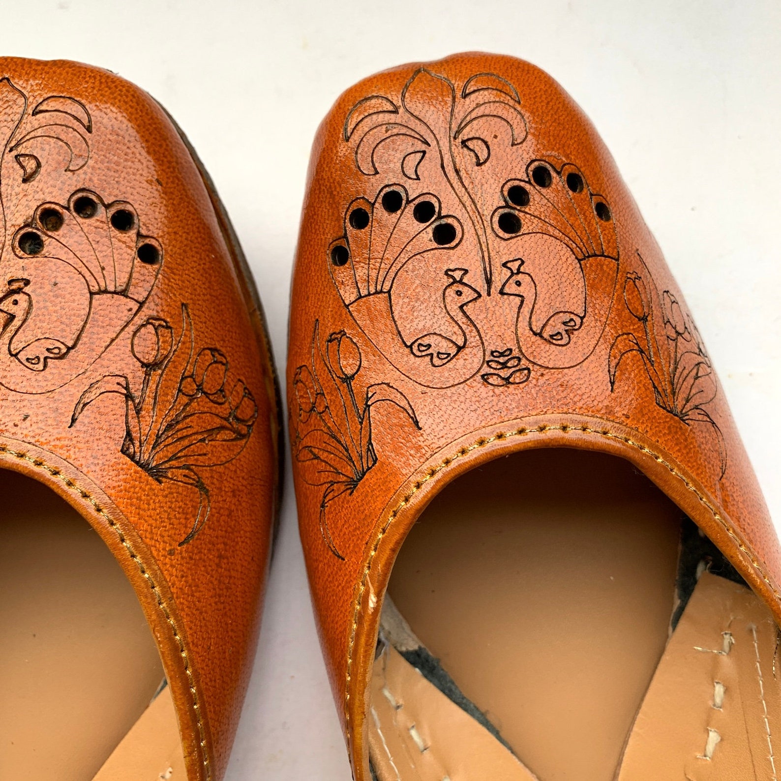 brown peacock etched womens leather ballet flat shoes, indian shoes, handmade designer shoes/juttis or mojaris