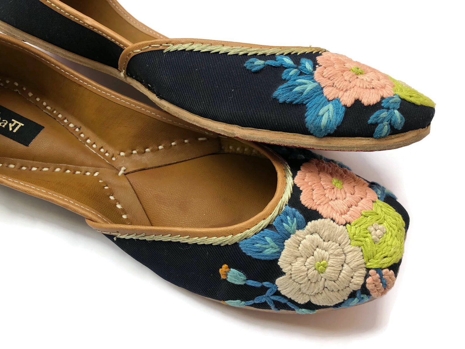 the pastel blossom - enhara designer ballet flat shoes/navy blue flower embroidered shoes/handmade indian ethnic women shoes or