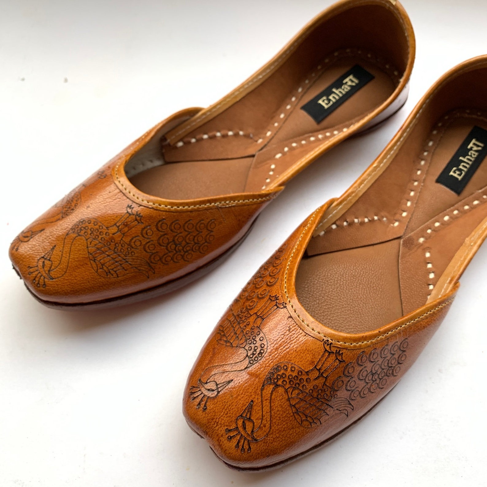 one of a kind peacock engraved womens tan brown leather ballet flat shoes, indian shoes, handmade designer shoes/juttis or mojar