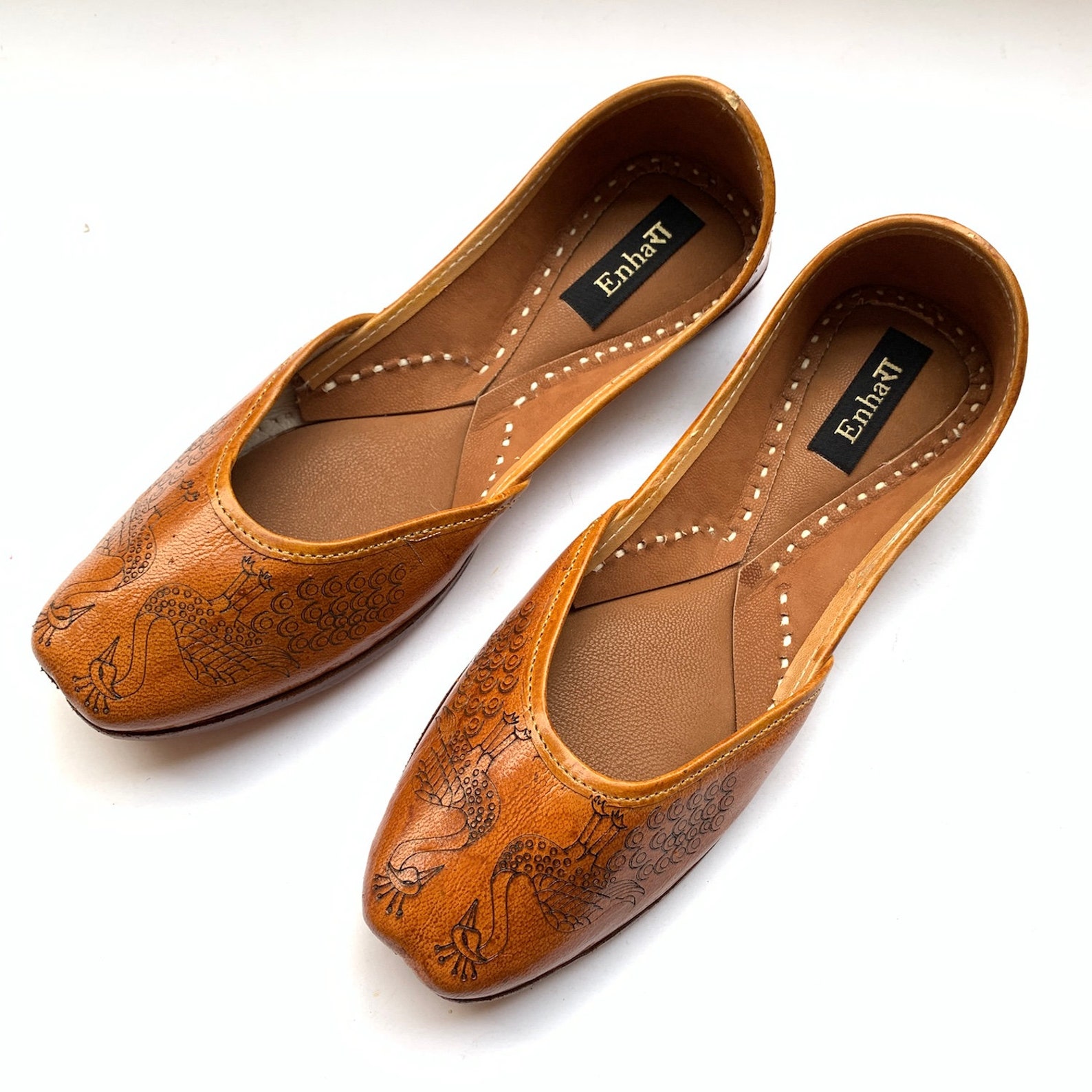 one of a kind peacock engraved womens tan brown leather ballet flat shoes, indian shoes, handmade designer shoes/juttis or mojar