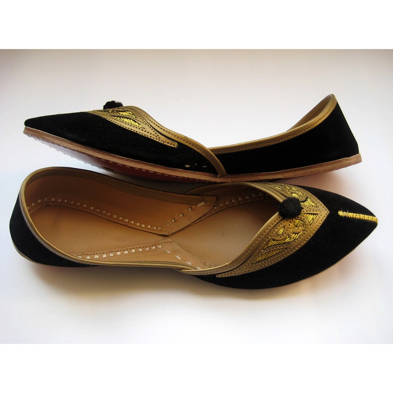 Black FlatsEthnic ShoesVelvet ShoesGold ShoesHandmade Indian Designer Women Shoes or SlippersMaharaja Style Women Jooties