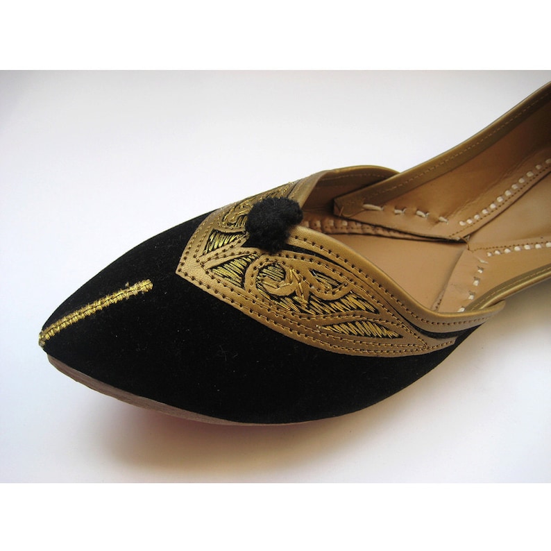 Black FlatsEthnic ShoesVelvet ShoesGold ShoesHandmade Indian Designer Women Shoes or SlippersMaharaja Style Women Jooties