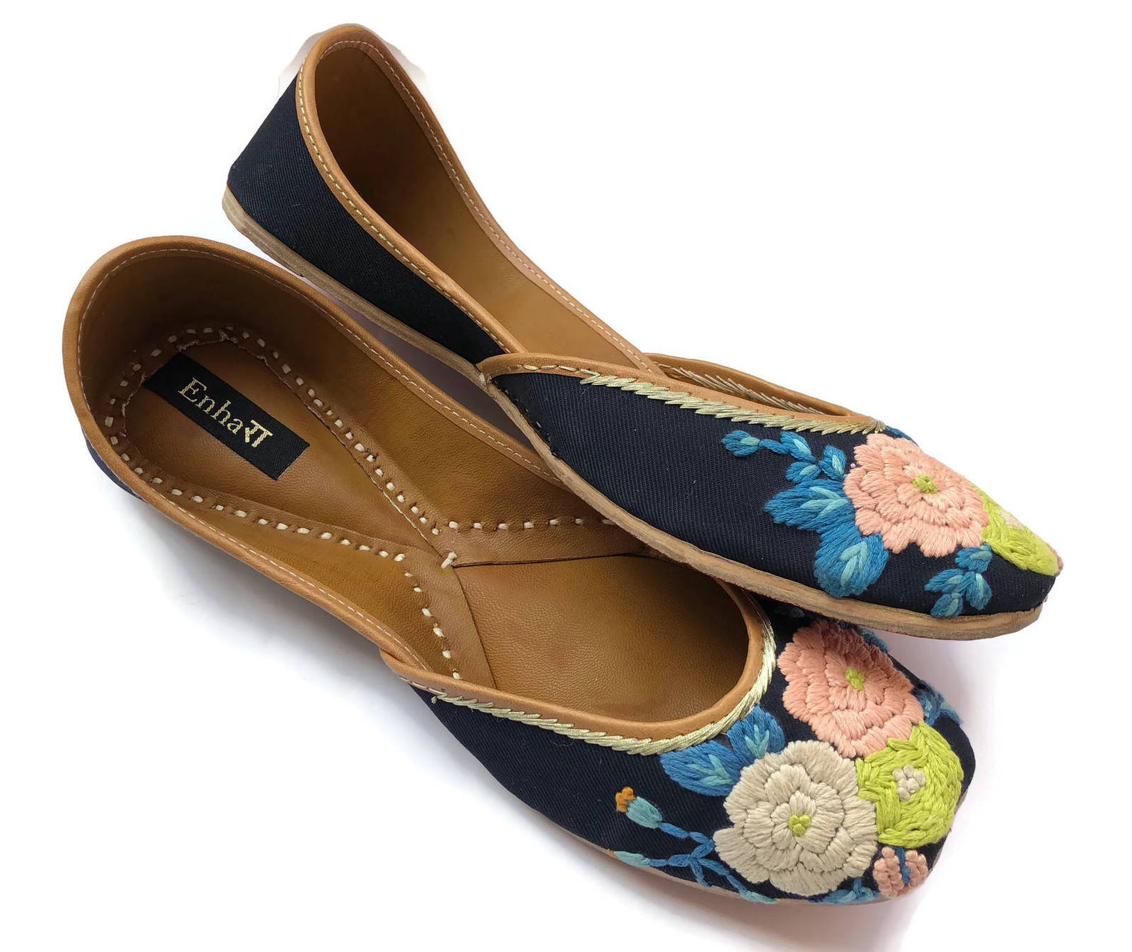 the pastel blossom - enhara designer ballet flat shoes/navy blue flower embroidered shoes/handmade indian ethnic women shoes or